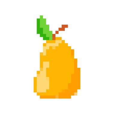 Canlı, sarı pikselli, yeşil yapraklı bir armut 8 bit tarzında neşeli bir görünüm yaratır..