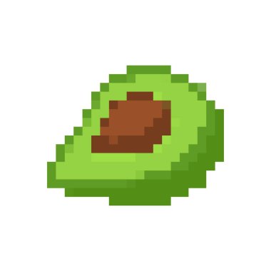 Kahverengi tohum ve yeşil etle pikselleştirilmiş avokado, eğlenceli, retro mozaik bir tasarımla yaratıldı..