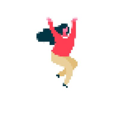 Mozaik pikselde kolları havada zıplayan neşeli bir insan sanatı. canlı renkler ve koyu renk saçlar..