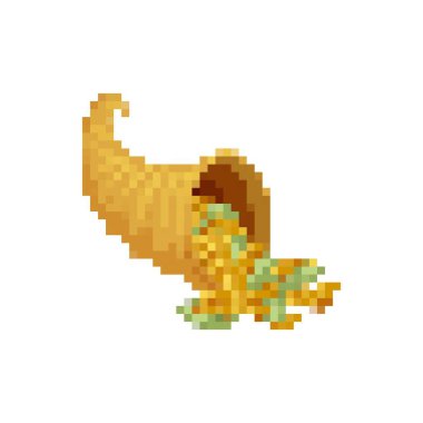 Renkli hasat ile dolu mozaik piksel kornucopia simgesi. Festival ya da tatil teması için mükemmel.