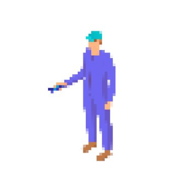 Mavi takım elbiseli ve şapkalı bir adam piksel tarzı mozaik tasarımlı küçük bir nesne tutuyor..