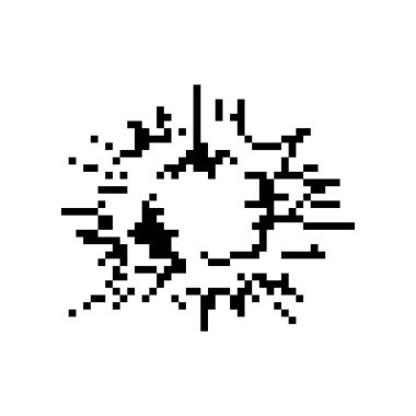 Mozaik piksel sanat tarzında siyah ve beyaz patlama simgesi, retro oyun estetiğini gözler önüne seriyor.