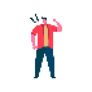 Kırmızı gömlekli, mozaik tarzda kollarını esneten bir adamın pikseli. çizgi roman ve anlamlı tasarım.