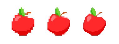 Üç pikselli kırmızı elma yeşil yapraklar ve kahverengi saplar sergiliyor. Retro 8 bit cazibesini yakalıyorlar..