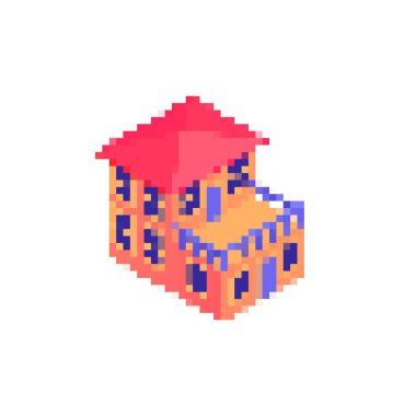 Kırmızı çatılı, mavi aksanlı ve neşeli çizgi film tasarımlı renkli pikselli bir ev..