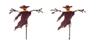 Parçalanmış giysileri olan bir korkuluğun pikseli sanatı, eski cadılar bayramı oyun projeleri ve tasarımları için idealdir.