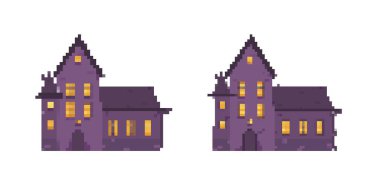 Retro pikselli perili ev tasarımı, Cadılar Bayramı veya ürkütücü temalı projeler ve oyunlar için mükemmel..