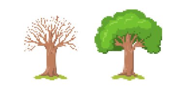 İki pikselli sanat ağacı mevsimsel değişiklikler sergiliyor, retro oyun tasarımı veya yaratıcı projeler için mükemmel.