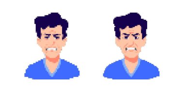 Pikselde mavi tişörtlü iki kişinin rahatsız edici ifadesi yer alıyor. 8-bit tarzında duygularını sergiliyor..