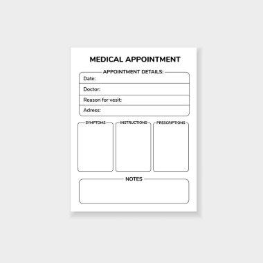 Semptomlar, talimatlar ve reçeteler için tıbbi randevu formları.