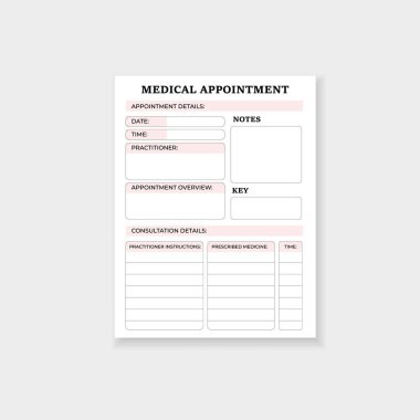 Sağlık randevularını düzenlemek için form. Ayrıntılar, notlar ve danışma bilgileri için bölümleri içerir.