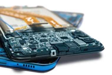 main case and back cover of disassembled blue smartphone isolated on white background close up