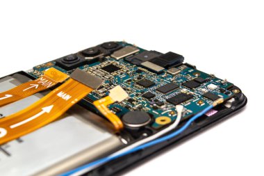 main case and back cover of disassembled blue smartphone isolated on white background close up