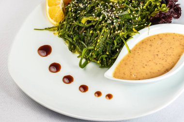 Lezzetli bir limon sosuna batırılmış canlı bir tabak taze sebze ve yosun ve susam tohumuyla serpiştirilmiş mükemmel sağlıklı bir yemek.!