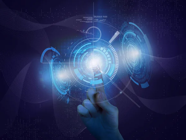 Kadının eli işaret parmağıyla gelecekteki dijital HUD arayüzüne dokunuyor. Sanal bilgisayar arayüzü ekran görüntüsünün teknolojik arka planı. Geliştirilmiş gerçeklik, sanal gerçeklik, siber uzay ve metaevren kavramı.
