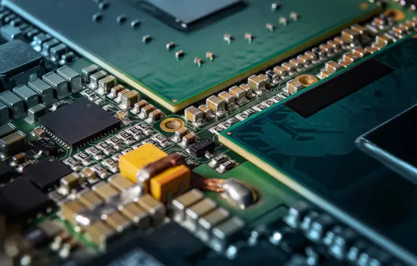 Modern electronic circuit board with processor, integrated circuits and surface mounted passive components close up. Technology background