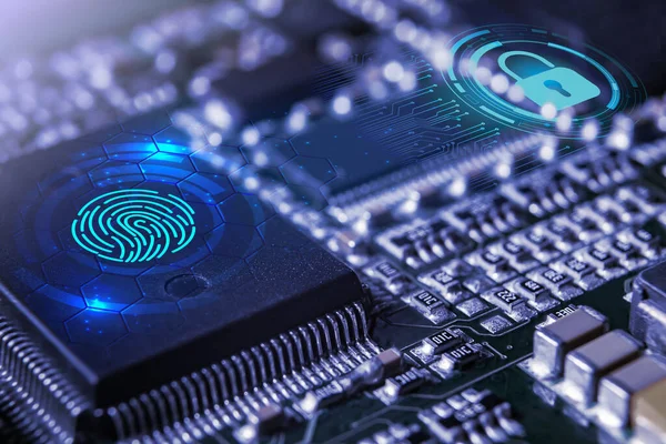 Modern electronic circuit board with processor, integrated circuits and surface mounted passive components close up. Cybersecurity technology background