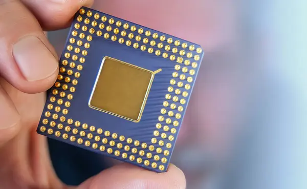 The man is holding a CPU chip in PGA package close up