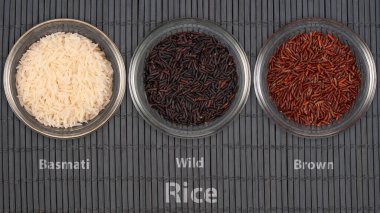 Üç şeffaf kasede farklı pirinç çeşitleri bulunur: Basmati, Wild ve Brown. Bu çeşitlilik, uluslararası mutfaklarda kullanılan çeşitli tahılları temsil ediyor..