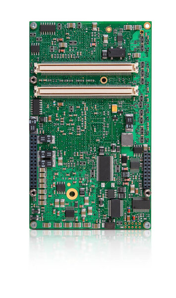 Close-up of an embedded CPU module with integrated chips and connectors, isolated on a white background with reflection.