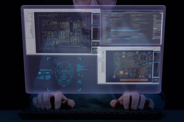 stock image Man's hands on keyboard and virtual screen with Computer Aided Design software windows. Concept of the development process flowchart in the electronics industry - idea with the help of AI, schematic diagram, PCB routing, programming.
