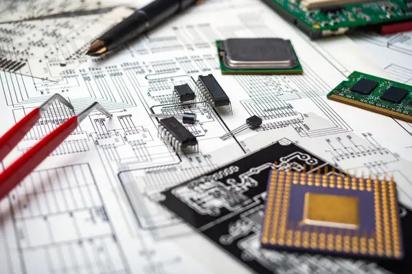 stock image Electronic components and tools on an engineering blueprint for circuit board design.