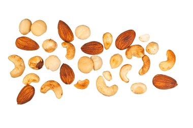 Different types of nuts including macadamia, cashew, and almond isolated on a clean white background, showcasing their natural colors and textures. clipart