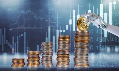 Robotik bir el büyüyen bozuk para yığınına bir bitcoin yerleştirir, dijital para biriminin yatırımlarını sembolize eder..