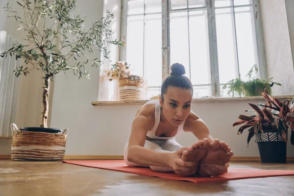 Konzentrierte Junge Frau Macht Stretchübungen Während Sie Hause Übt — Stockfoto