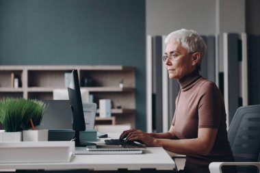 Ofisinde otururken bilgisayar kullanan kendinden emin bir iş kadını.