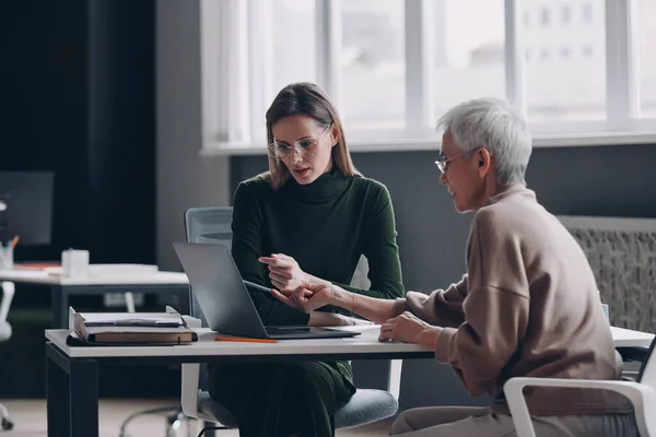 stock image Confident financial advisor discussing options with senior woman in the office