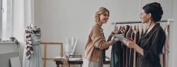 Two Happy Female Fashion Designers Working Workshop Together — Stock Photo, Image