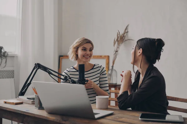 Two Confident Young Women Communicating While Providing Live Stream Studio — Stock Photo, Image