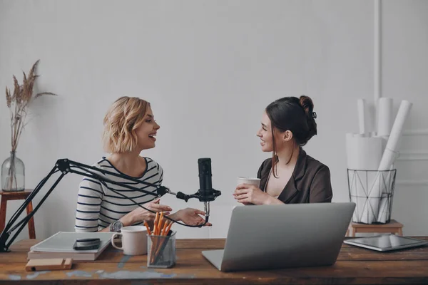 Two Happy Young Women Communicating While Providing Live Stream Studio — Stock Photo, Image