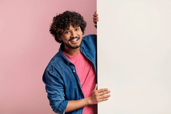 Happy Young Indian Man Leaning Copy Space While Standing Pink — Stock Photo, Image