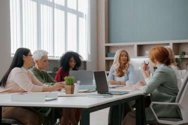 Bir grup kendine güvenen olgun kadın ofiste iş görüşmesi yapıyor.