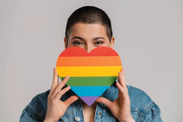 Studio Shot Young Person Looking Out Heart Shaped Rainbow Flag — Stock Photo, Image