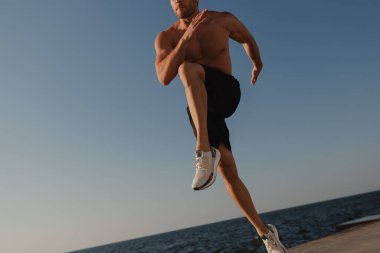 Arka planda denizle birlikte dışarı atlayan tanınmayan genç erkek sporcuların yakın çekimi.