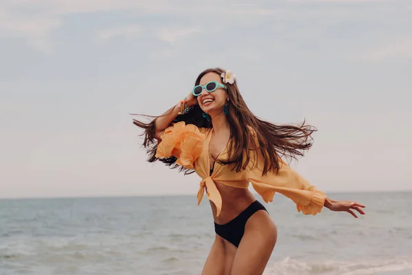 Attractive Young Woman Swimwear Running Looking Happy While Enjoying Day — Stock Photo, Image