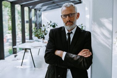 Olgun iş adamının kollarını kavuşturup ofiste dikilirken kameraya baktığından emin.