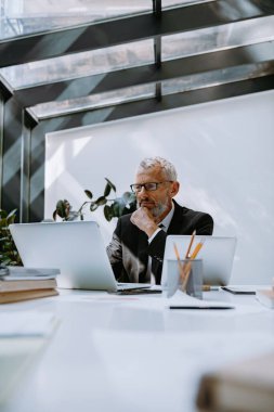 Modern ofiste çalışırken bilgisayar kullanan kendinden emin bir iş adamı.