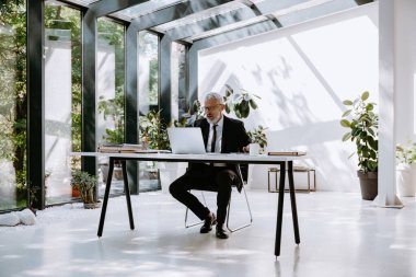 Modern ofiste çalışırken bilgisayar kullanan kendinden emin bir iş adamı.