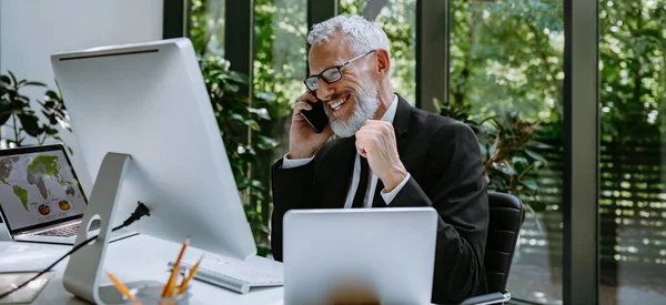 Happy Mature Businessman Talking Mobile Phone Gesturing While Working Modern — Stock Photo, Image