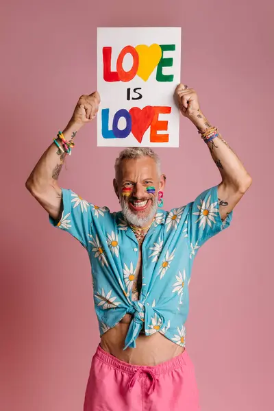 Happy Mature Gay Man Rainbow Flag Make Holding Banner Head — Stock Photo, Image