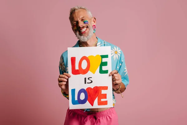 Happy Mature Gay Man Rainbow Flag Make Holding Colorful Banner — Stock Photo, Image