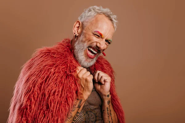 Playful Mature Gay Man Rainbow Colored Eyebrows Wearing Fluffy Coat — Stock Photo, Image