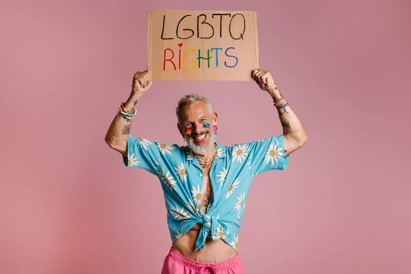 Happy Mature Gay Man Rainbow Flag Make Holding Banner Pink — Stock Photo, Image
