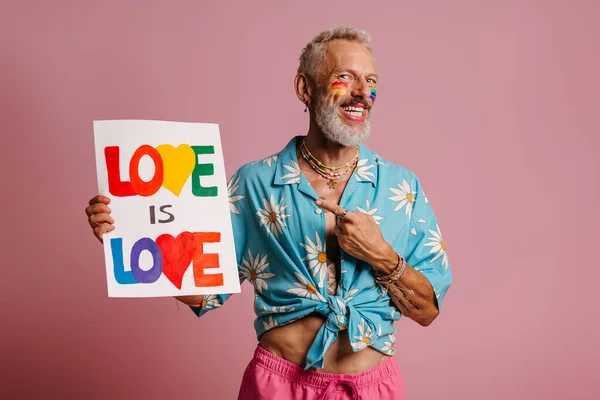 Happy Mature Gay Man Rainbow Flag Make Pointing Colorful Banner — Stock Photo, Image