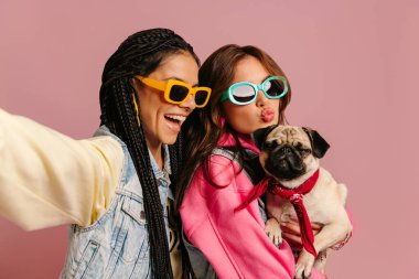 Moda gözlüklü iki neşeli genç kadın sevimli köpekleri taşıyor ve pembe arka planda selfie çekiyorlar.