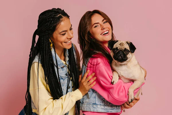 Two Beautiful Young Women Carrying Cute Pug Dog Smiling Pink — Stock Photo, Image